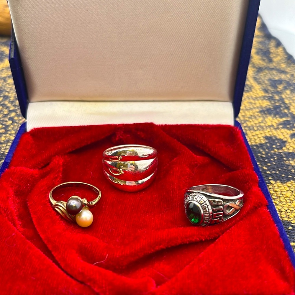 High School Emerald Class Ring, Sterling Dual Pearl Ring and a Bonus Chunky Ring
